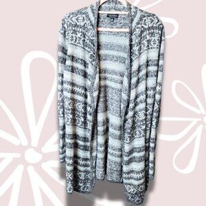 20.$5-L-LUCKY BRAND Cotton Blend Open Front Cardigan Greys/White *Flawed*